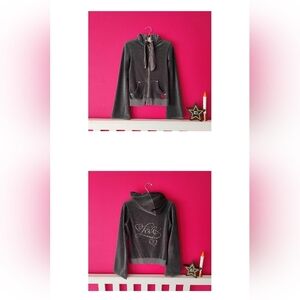 VINTAGE OOAK Dark Gray Velour Hoodie w/Rhinestones & Satin Details Size Small ❤️